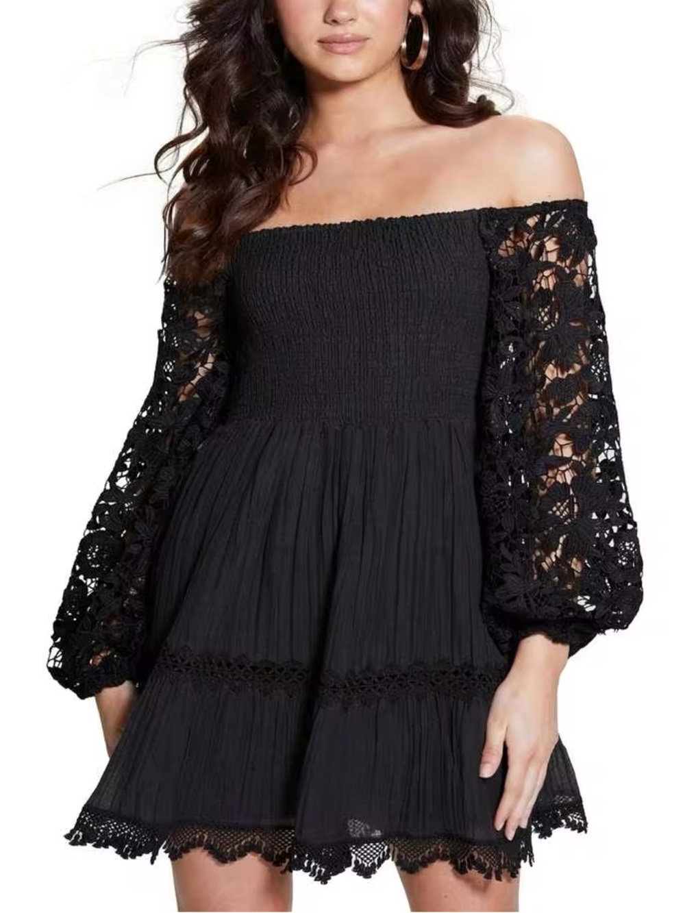 Guess Black Off-Shoulder Mini Dress with Crochet Sleeves